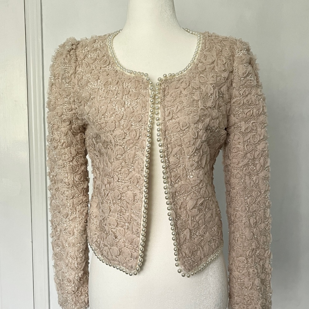 Floral tulle embroidered jacket with pearl trims
